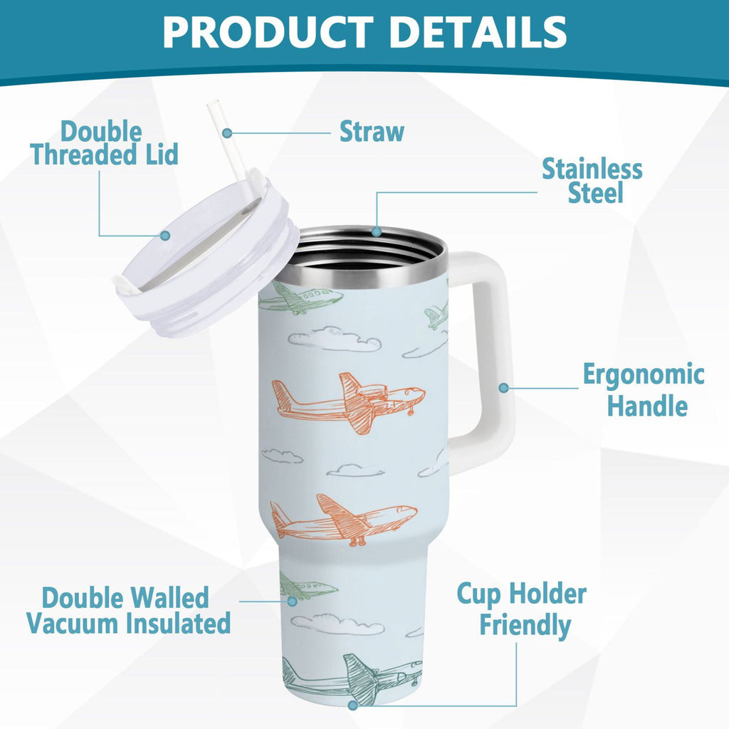 30 oz Insulated Stainless Steel Tumbler Double Wall Stainless Steel Tumbler with 2-Way Drinking Pastel Doodle Airplanes - 2D6W
