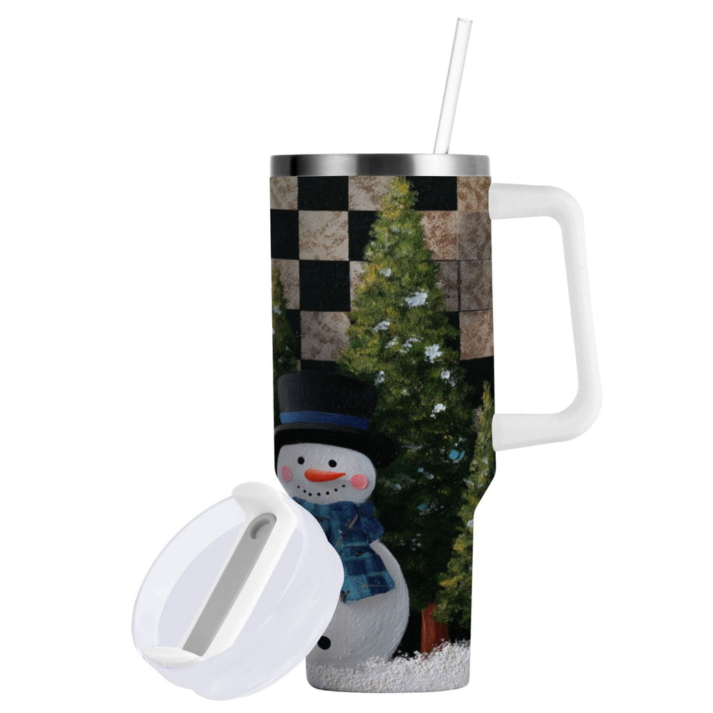 30 oz Insulated Stainless Steel Tumbler Double Wall Stainless Steel Tumbler with 2-Way Drinking Two Snowmen Pattern - E36T