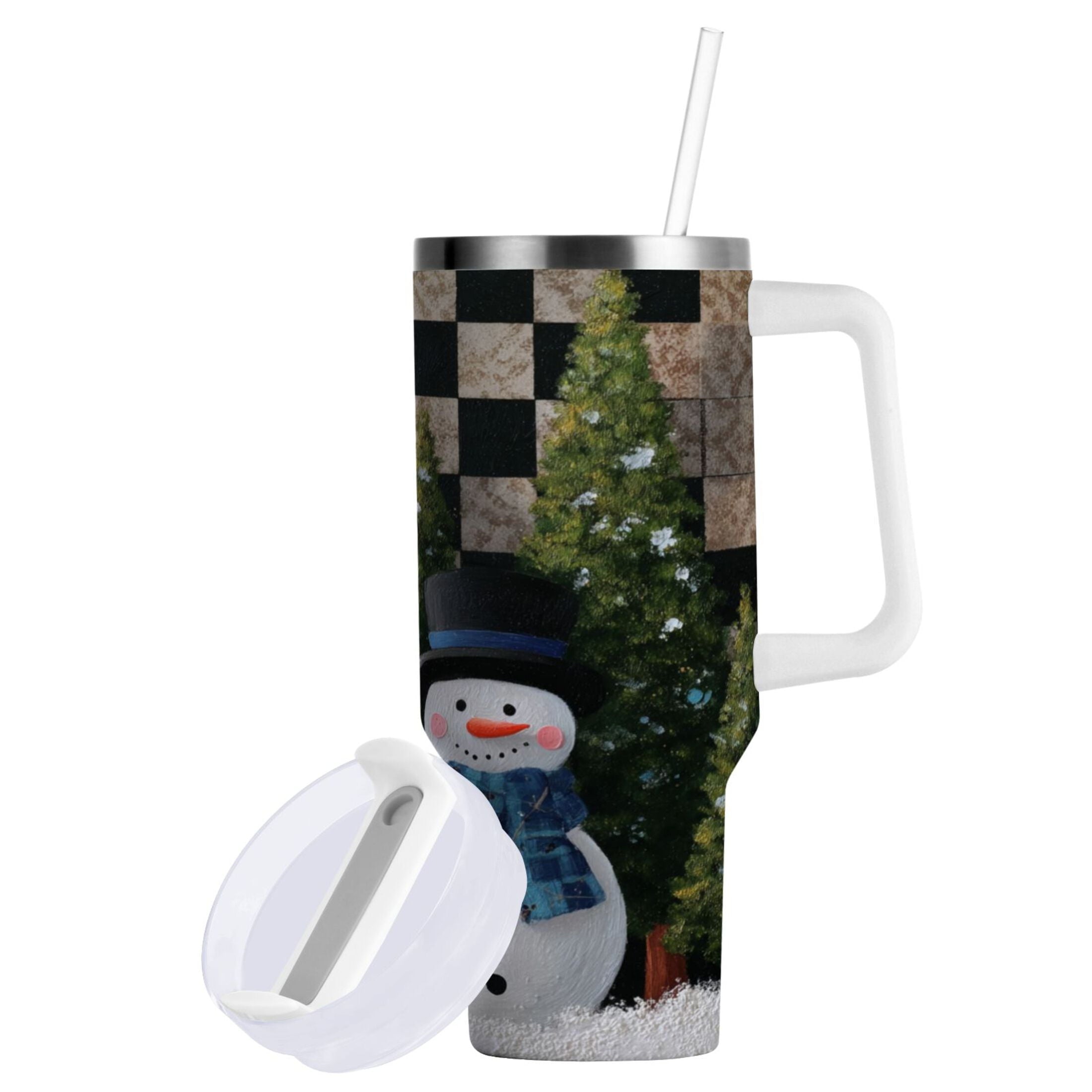 30 oz Insulated Stainless Steel Tumbler Double Wall Stainless Steel Tumbler with 2-Way Drinking Two Snowmen Pattern - E36T