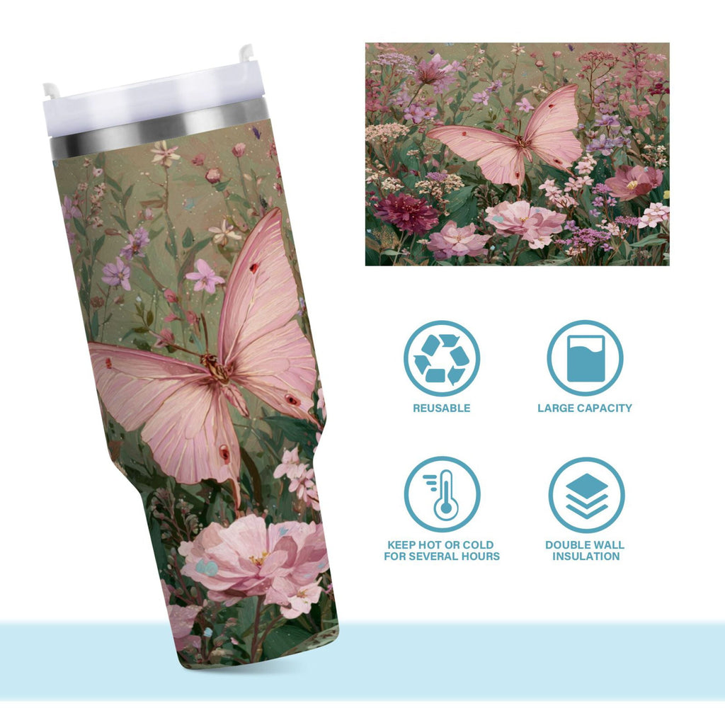 30 oz Insulated Stainless Steel Tumbler Double Wall Stainless Steel Tumbler with 2-Way Drinking Delicate Butterfly - A5SF