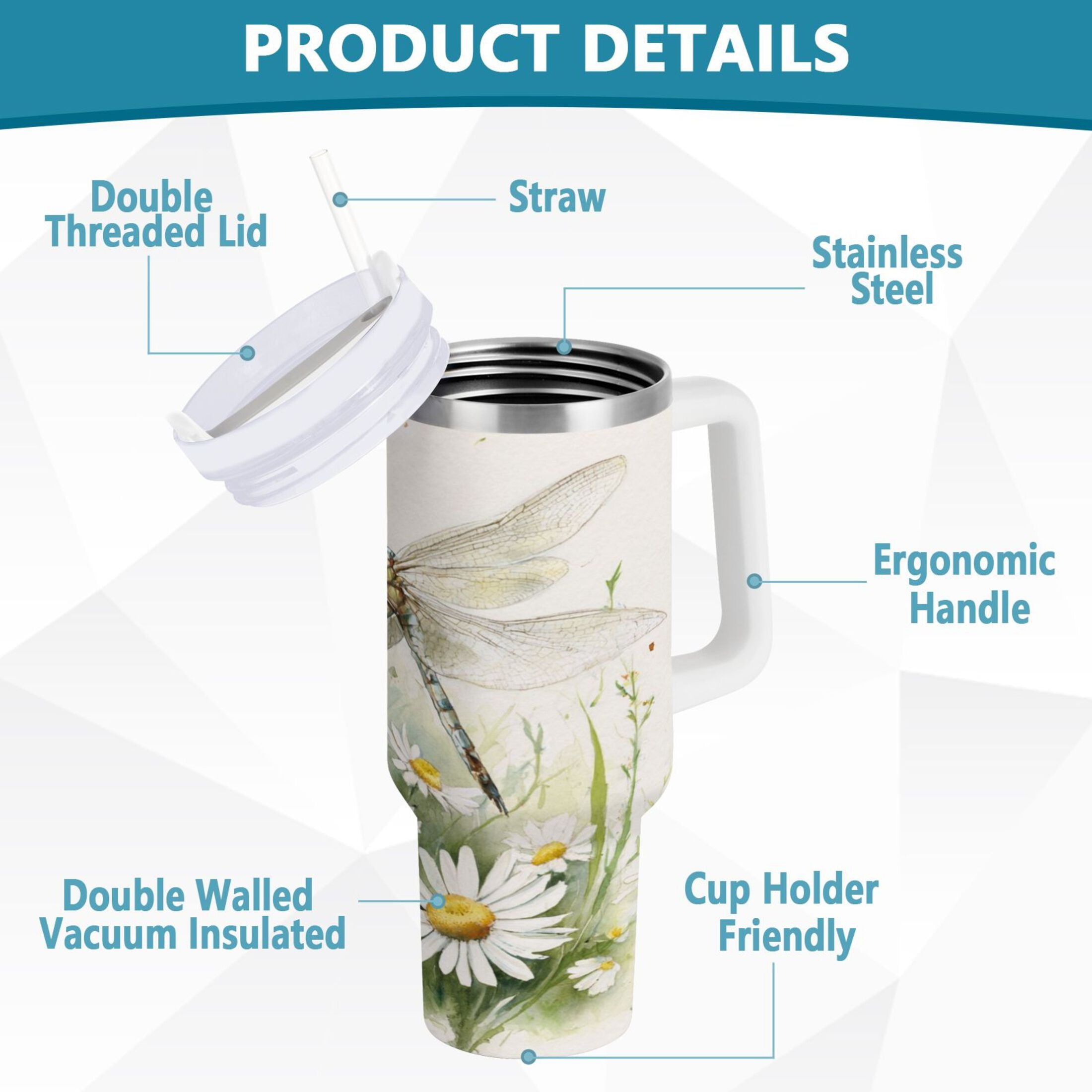30 oz Insulated Stainless Steel Tumbler Double Wall Stainless Steel Tumbler with 2-Way Drinking Dragonflies with White Daisies - K9Q7