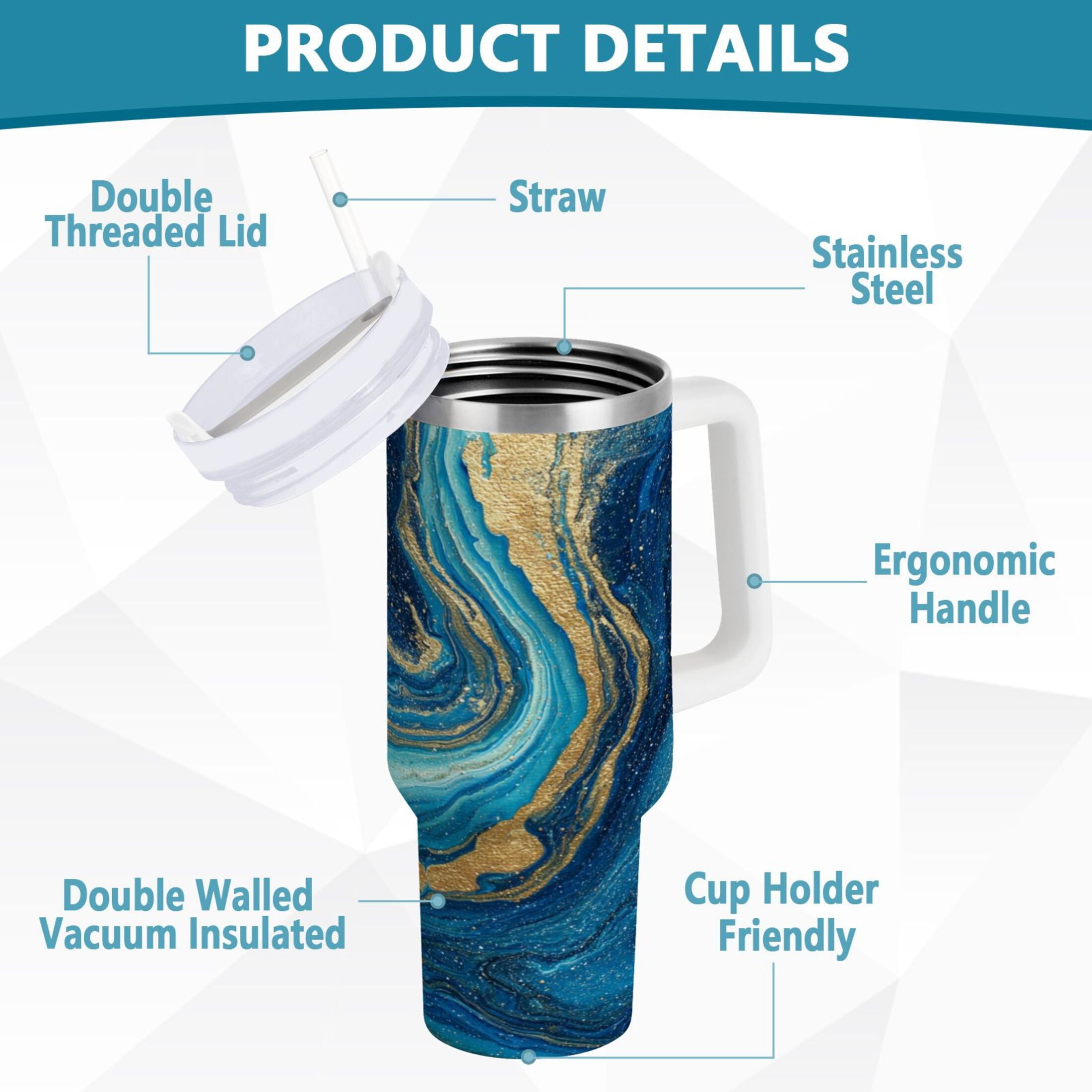 30 oz Insulated Stainless Steel Tumbler Double Wall Stainless Steel Tumbler with 2-Way Drinking Blue and Gold Ocean - QWF4