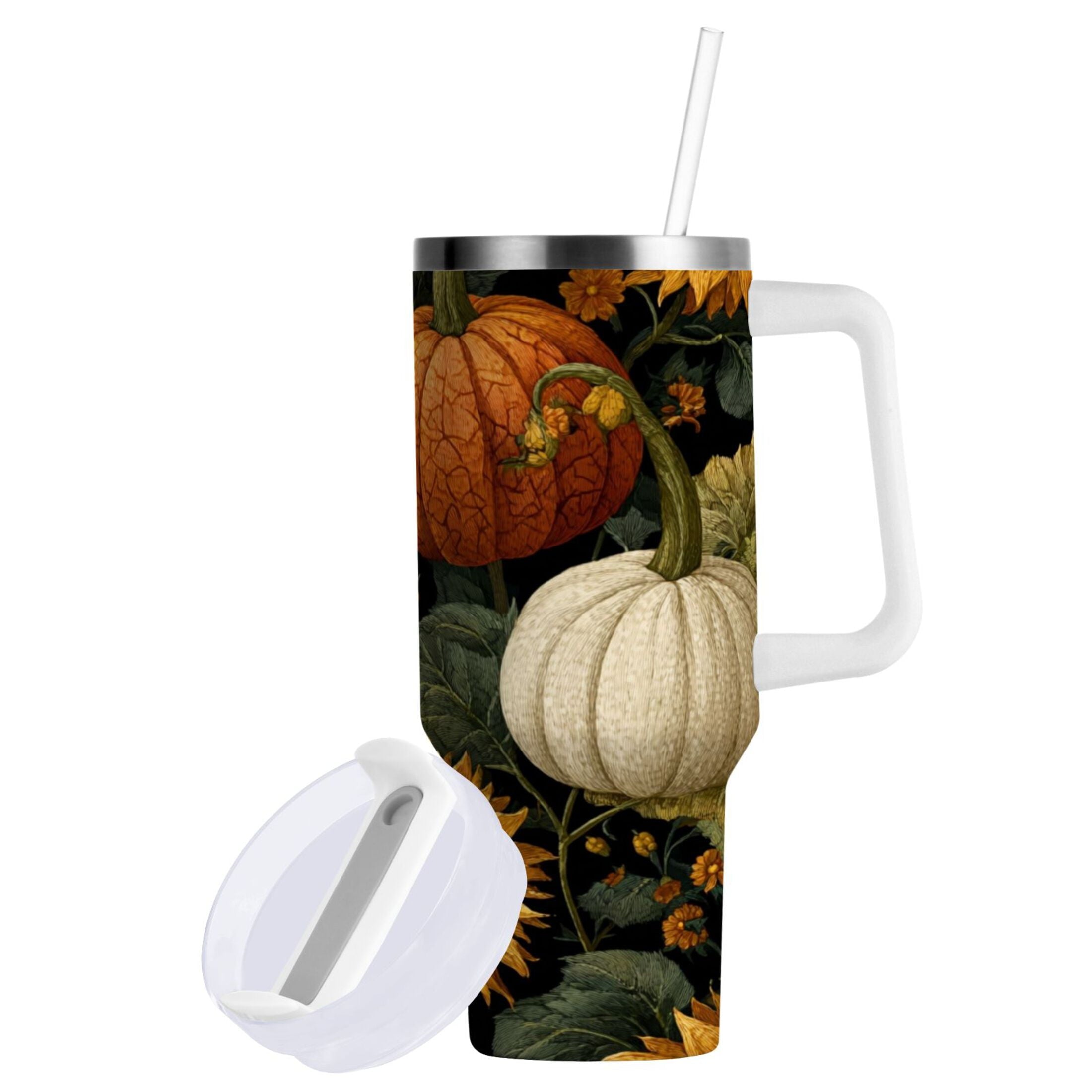 40 oz Insulated Stainless Steel Tumbler Double Wall Stainless Steel Tumbler with 2-Way Drinking Pumpkins and Sunflowers Pattern - YTXK