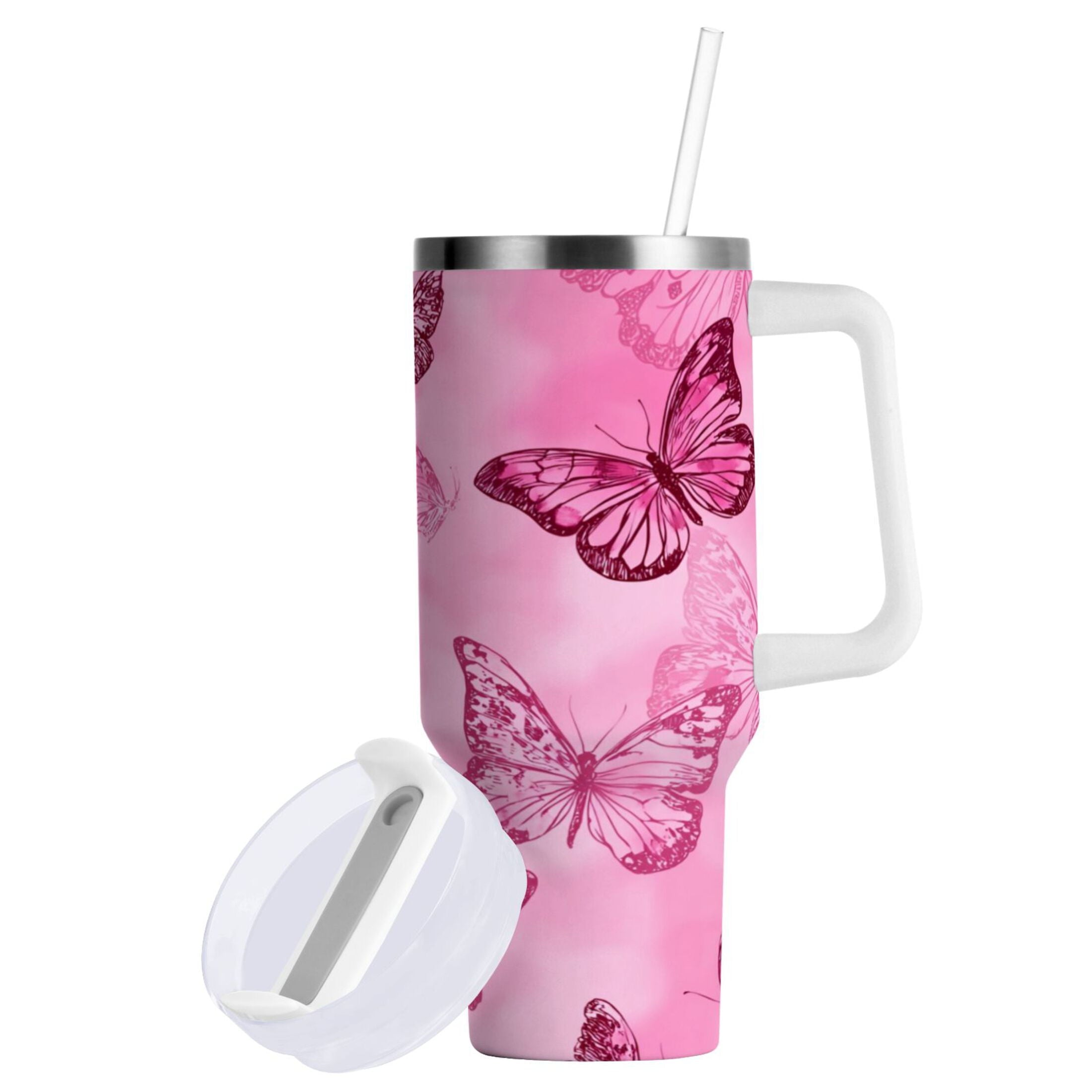 40 oz Insulated Stainless Steel Tumbler Double Wall Stainless Steel Tumbler with 2-Way Drinking Pink Butterfly Pattern - 4WAU
