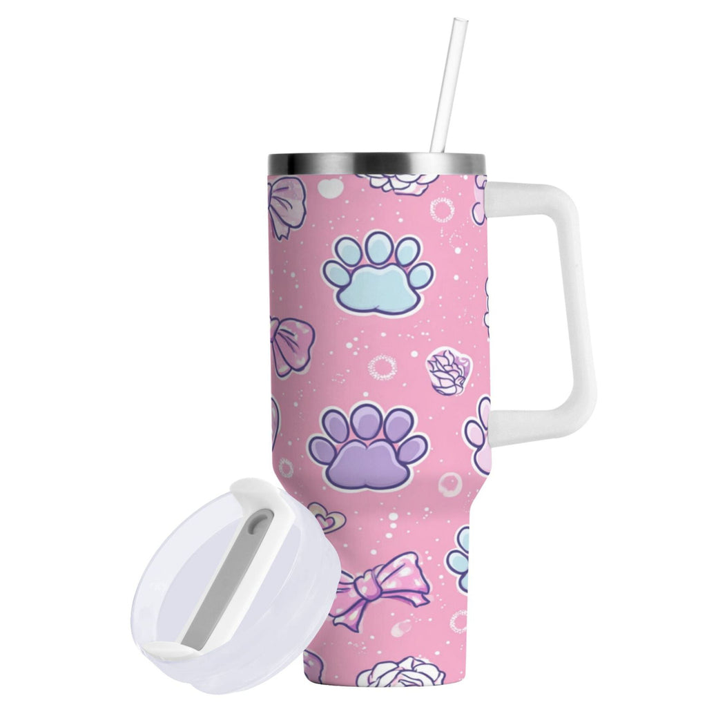 30 oz Insulated Stainless Steel Tumbler Double Wall Stainless Steel Tumbler with 2-Way Drinking Dog Paw Prints and Bows - HATL
