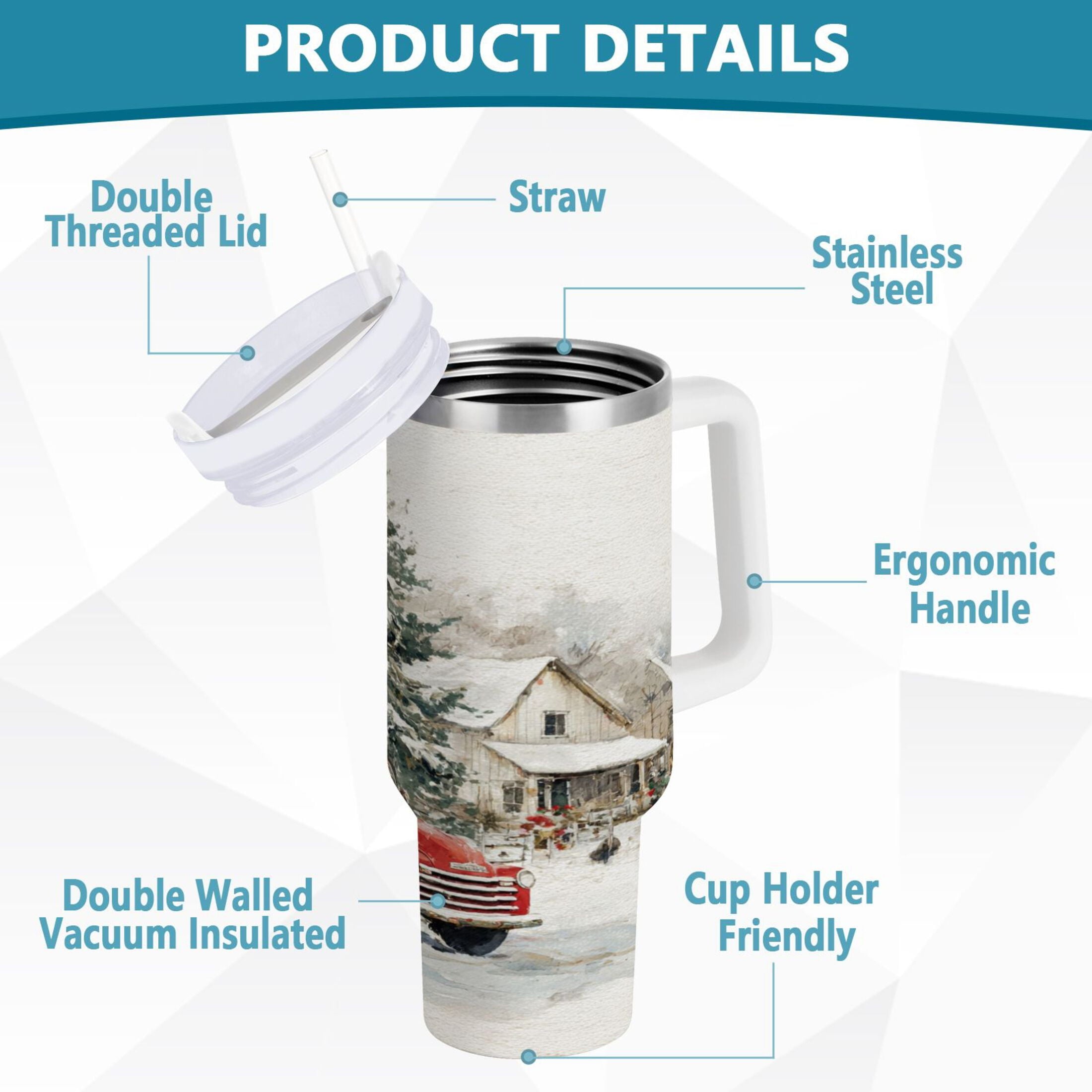 30 oz Insulated Stainless Steel Tumbler Double Wall Stainless Steel Tumbler with 2-Way Drinking Truck with Christmas Decorations - MPAG