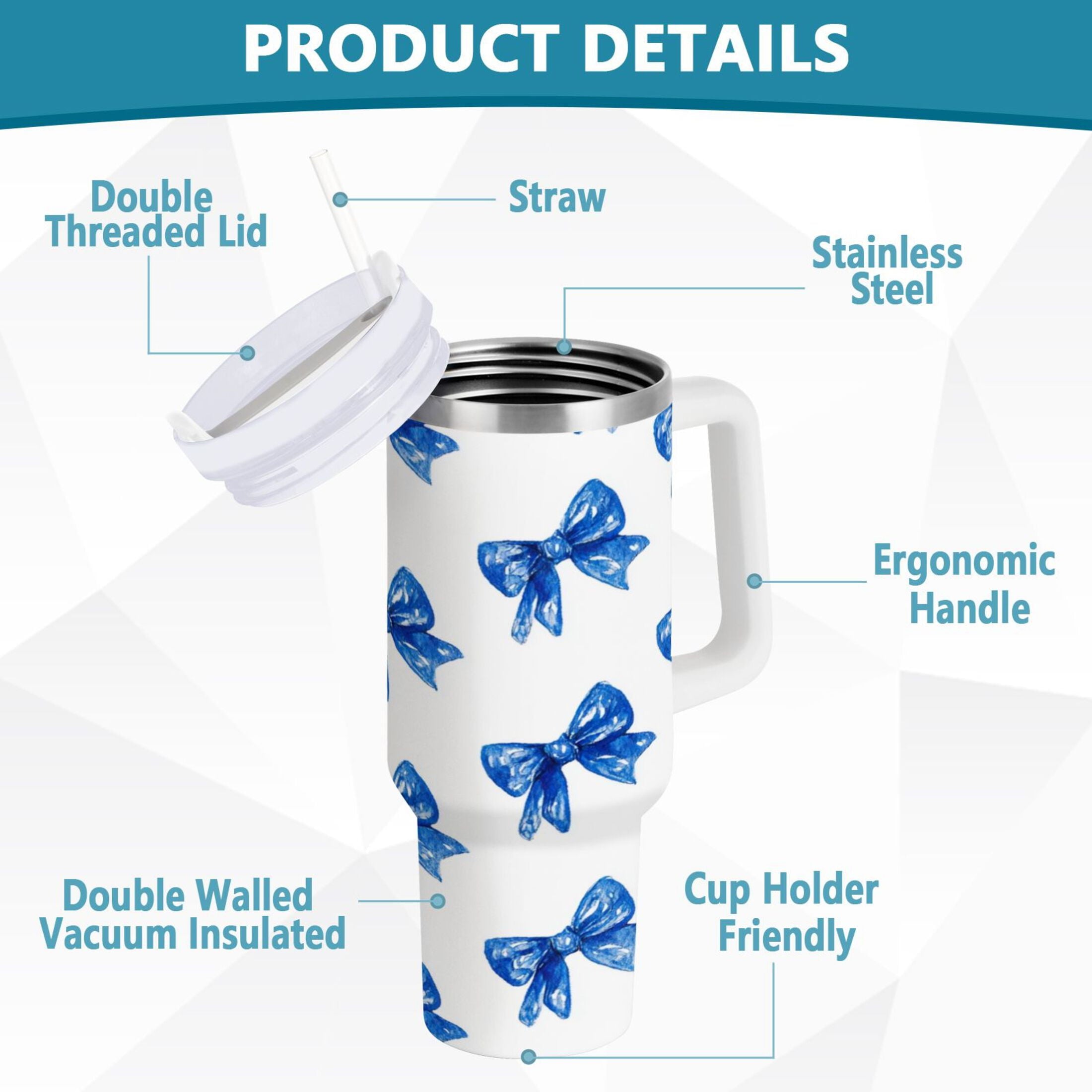 30 oz Insulated Stainless Steel Tumbler Double Wall Stainless Steel Tumbler with 2-Way Drinking Blue Bows Pattern - AZAX