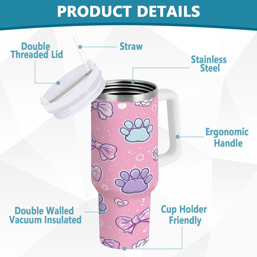 30 oz Insulated Stainless Steel Tumbler Double Wall Stainless Steel Tumbler with 2-Way Drinking Dog Paw Prints and Bows - HATL