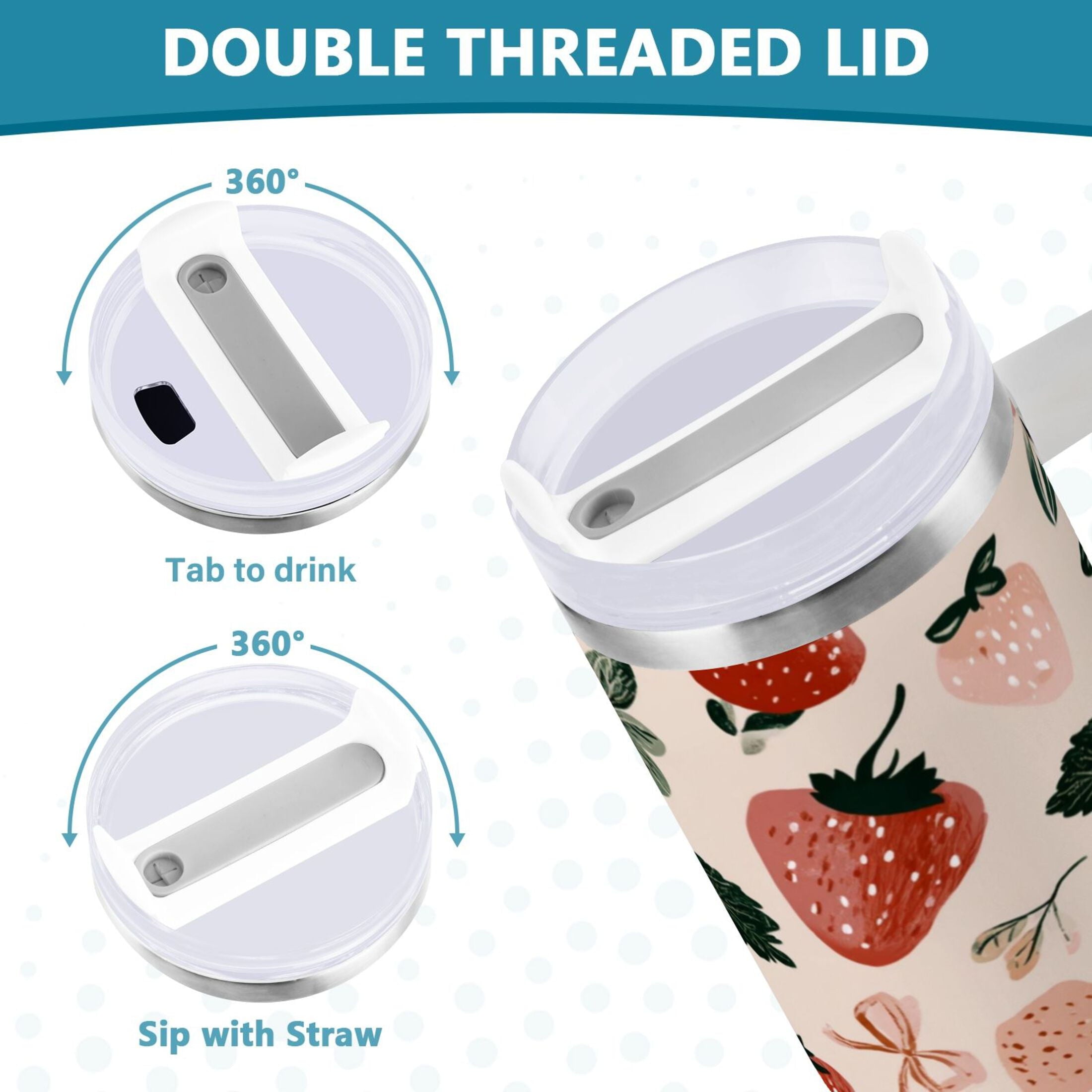 30 oz Insulated Stainless Steel Tumbler Double Wall Stainless Steel Tumbler with 2-Way Drinking Cute Pinks Strawberries - 3FLG