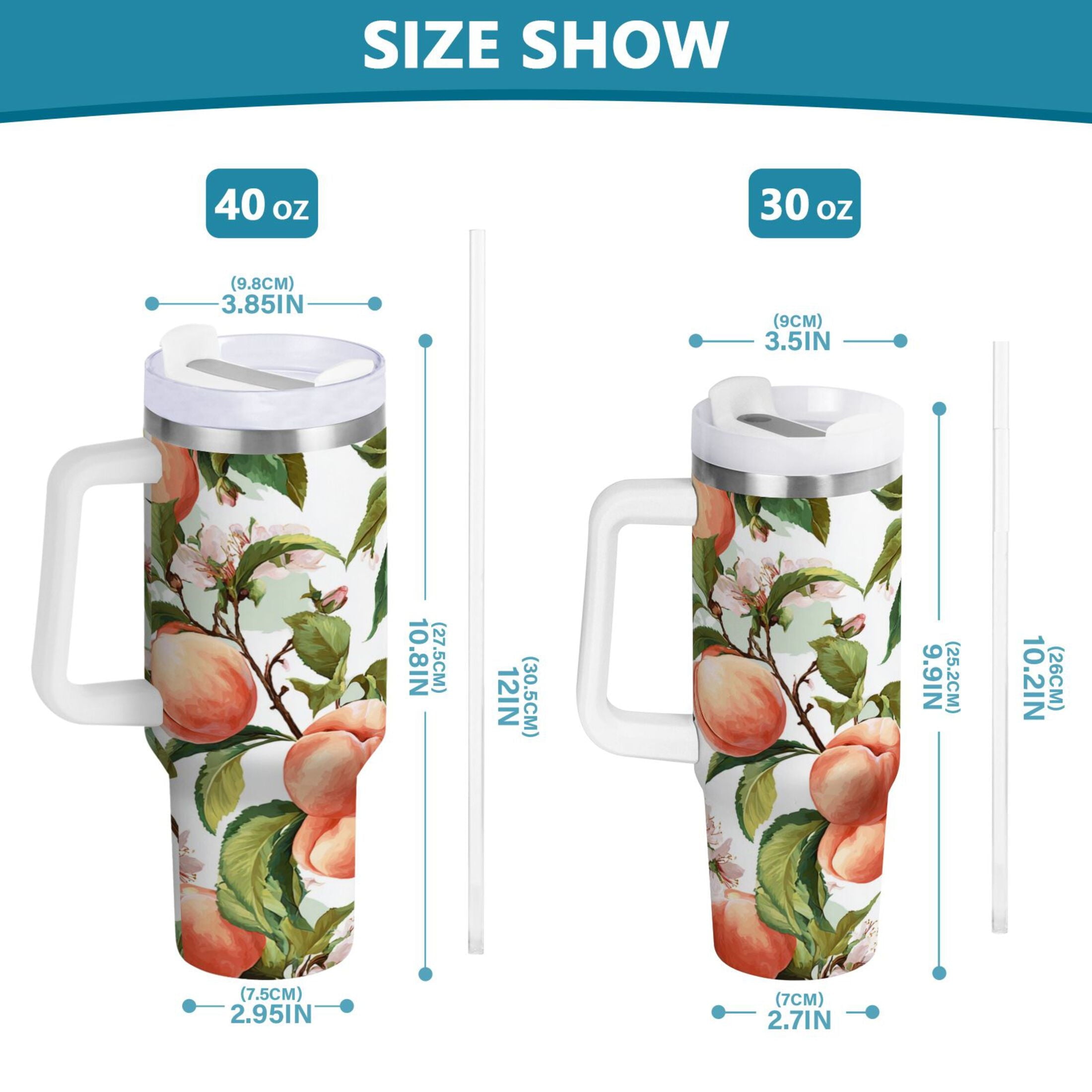30 oz Insulated Stainless Steel Tumbler Double Wall Stainless Steel Tumbler with 2-Way Drinking Peach Fruit Pattern - YDEP