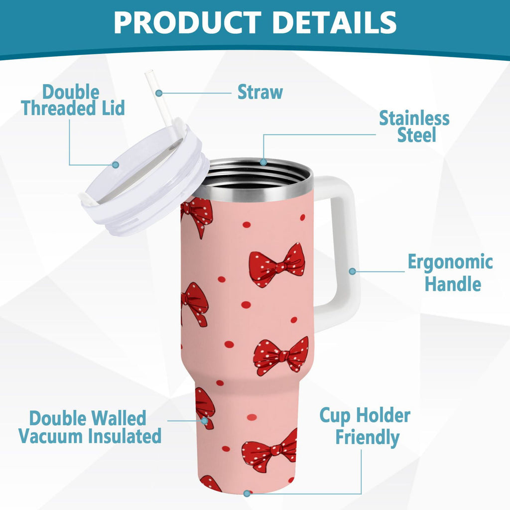 40 oz Insulated Stainless Steel Tumbler Double Wall Stainless Steel Tumbler with 2-Way Drinking Red Bows and Polka Dots - JG7X