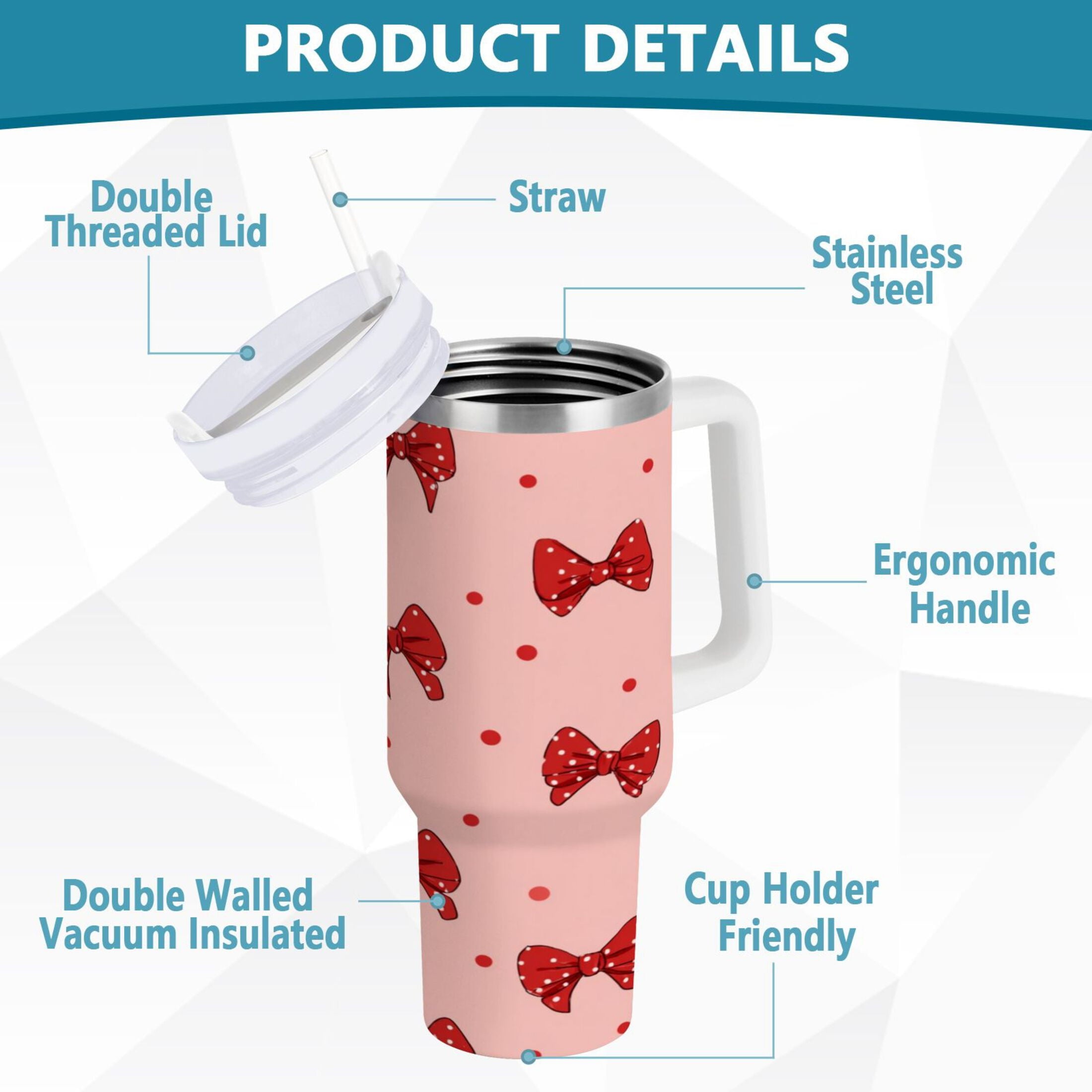 40 oz Insulated Stainless Steel Tumbler Double Wall Stainless Steel Tumbler with 2-Way Drinking Red Bows and Polka Dots - JG7X