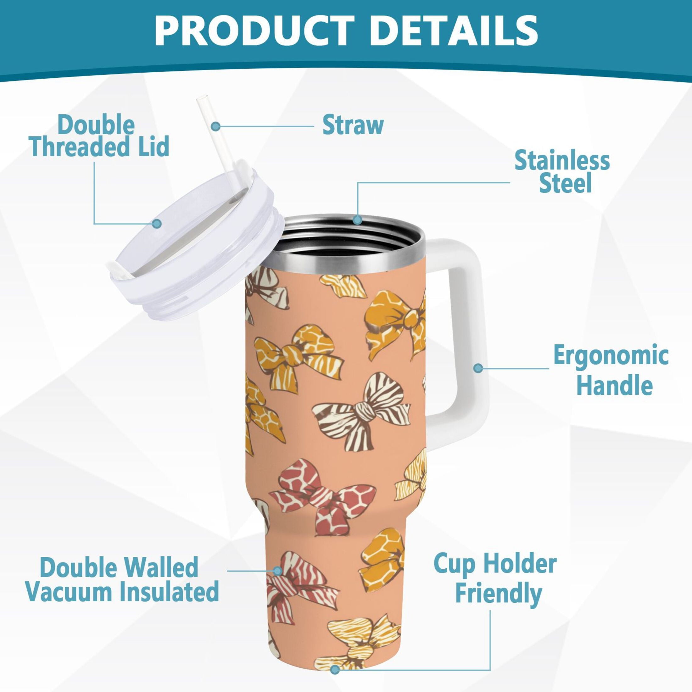 40 oz Insulated Stainless Steel Tumbler Double Wall Stainless Steel Tumbler with 2-Way Drinking Cute Animal Print Bows - 6ZPU