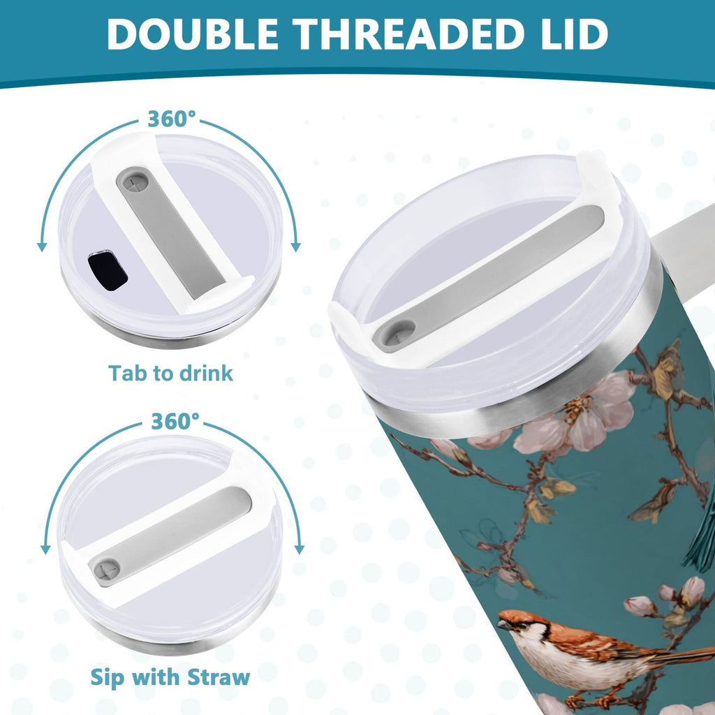 30 oz Insulated Stainless Steel Tumbler Double Wall Stainless Steel Tumbler with 2-Way Drinking Birds and Cherry Pattern - HXWC