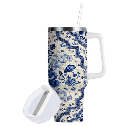 30 oz Insulated Stainless Steel Tumbler Double Wall Stainless Steel Tumbler with 2-Way Drinking Blue and White Porcelain-style - L2FM