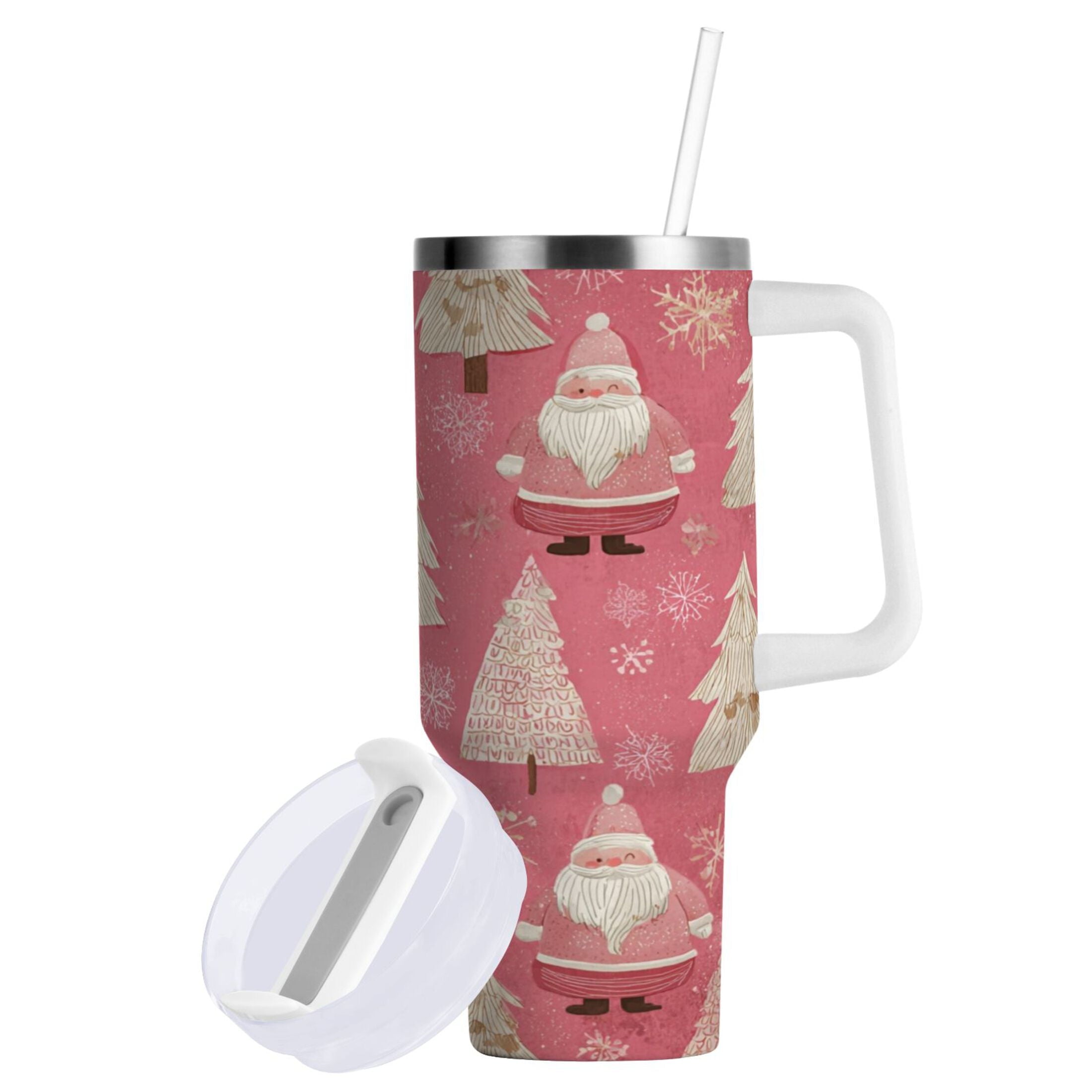 40 oz Insulated Stainless Steel Tumbler Double Wall Stainless Steel Tumbler with 2-Way Drinking Pink Santa Claus Pattern - XK26