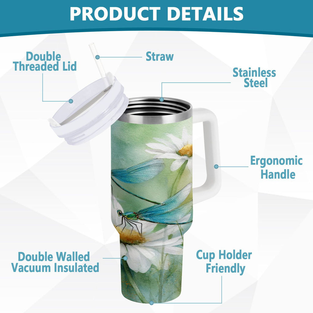30 oz Insulated Stainless Steel Tumbler Double Wall Stainless Steel Tumbler with 2-Way Drinking Beautiful Dragonflies and Daisies - H496