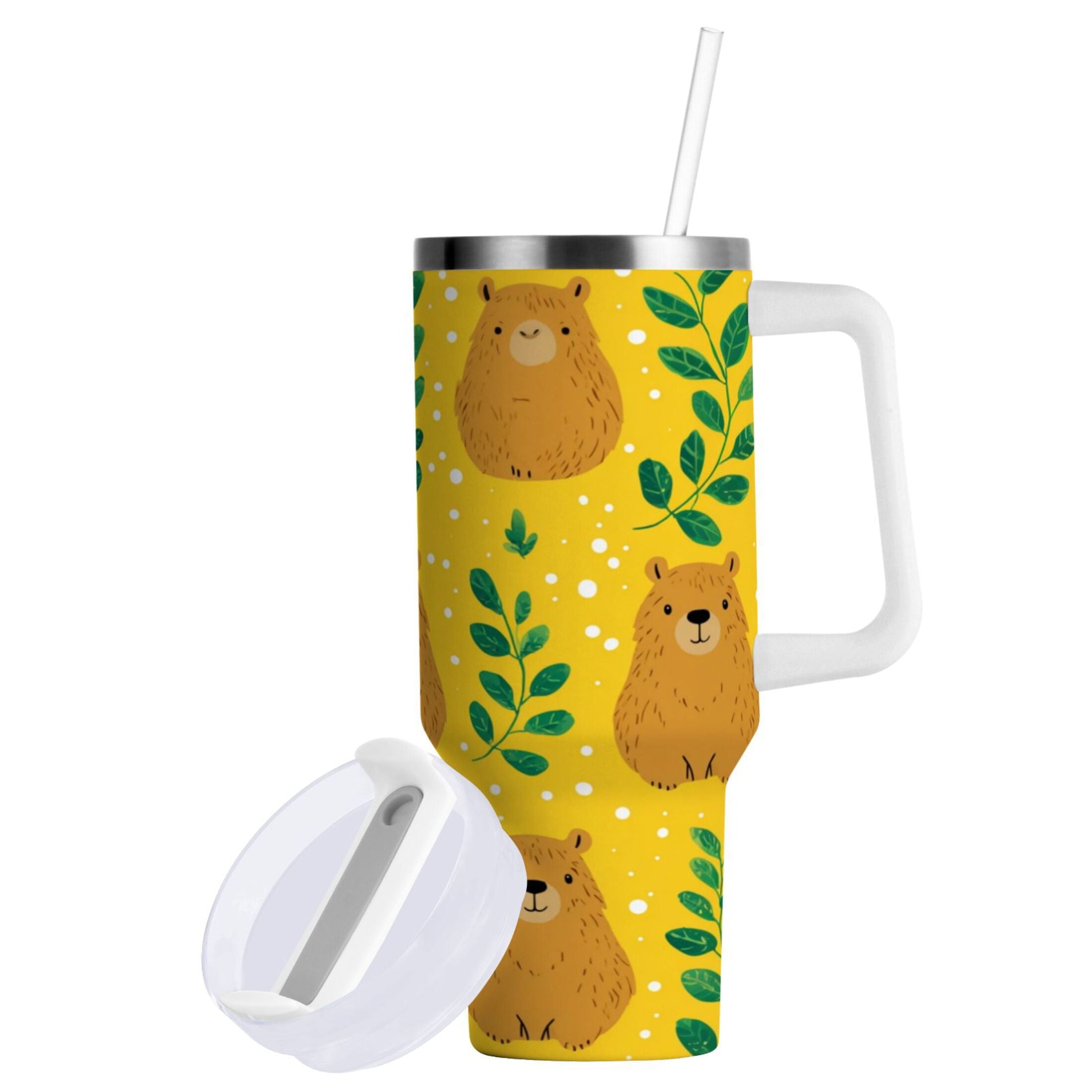 30 oz Insulated Stainless Steel Tumbler Double Wall Stainless Steel Tumbler with 2-Way Drinking Capybara and Green Leaves - P9E7