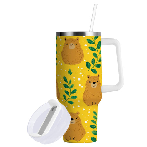 30 oz Insulated Stainless Steel Tumbler Double Wall Stainless Steel Tumbler with 2-Way Drinking Capybara and Green Leaves - P9E7