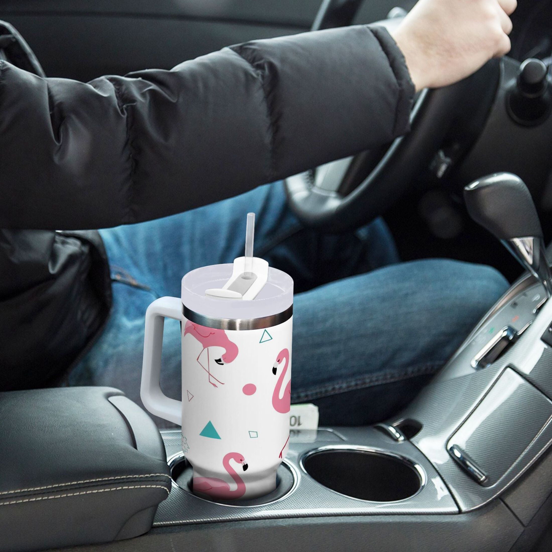 40 oz Insulated Stainless Steel Tumbler Double Wall Stainless Steel Tumbler with 2-Way Drinking Cute Flamingo Pattern - ADVU