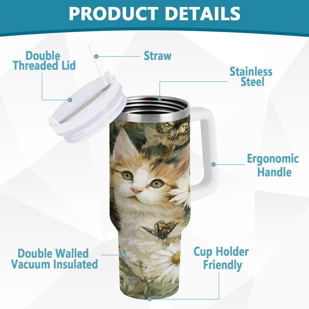 30 oz Insulated Stainless Steel Tumbler Double Wall Stainless Steel Tumbler with 2-Way Drinking Adorable Cats and Daisies - XUTJ