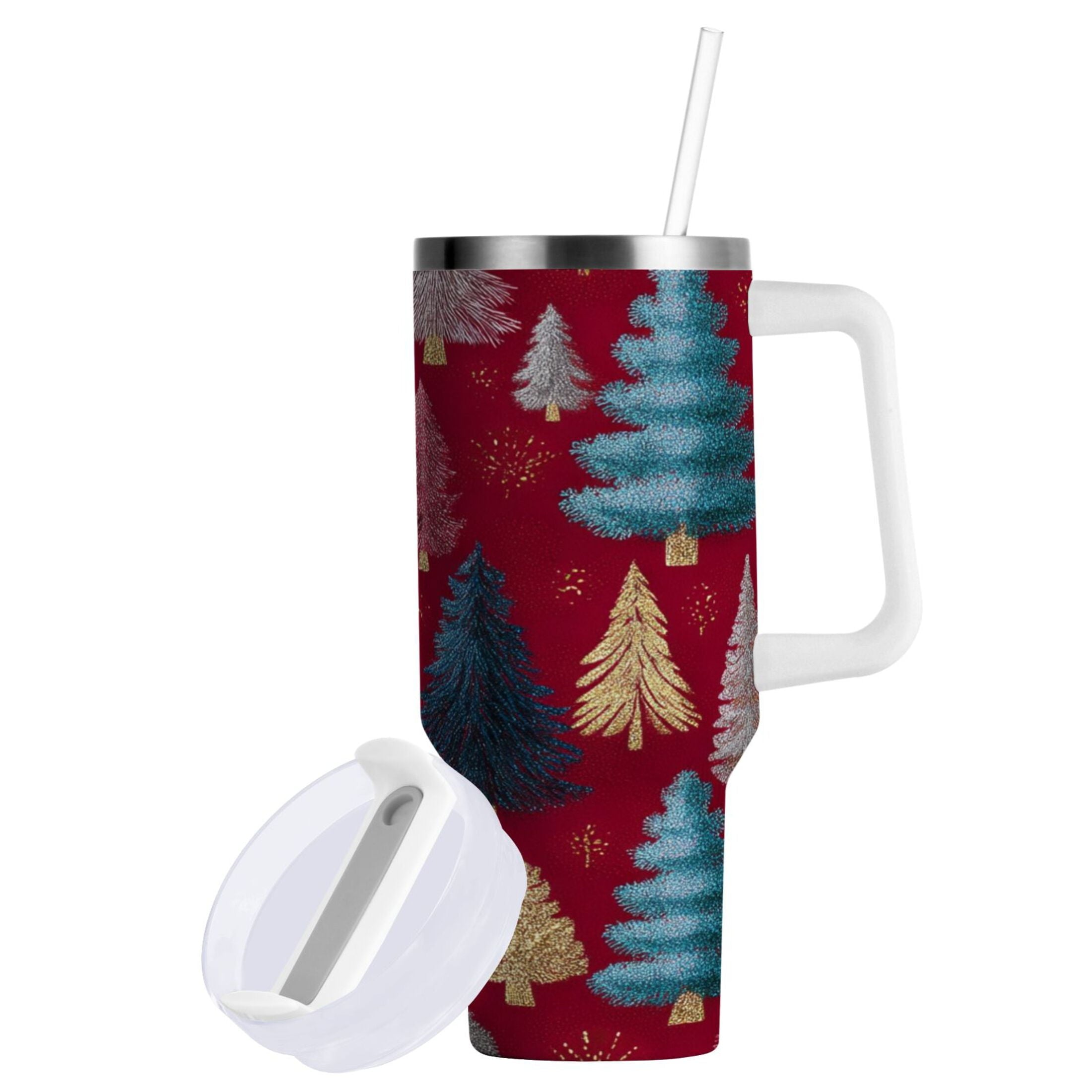 30 oz Insulated Stainless Steel Tumbler Double Wall Stainless Steel Tumbler with 2-Way Drinking Stylized Christmas Trees - XKAX