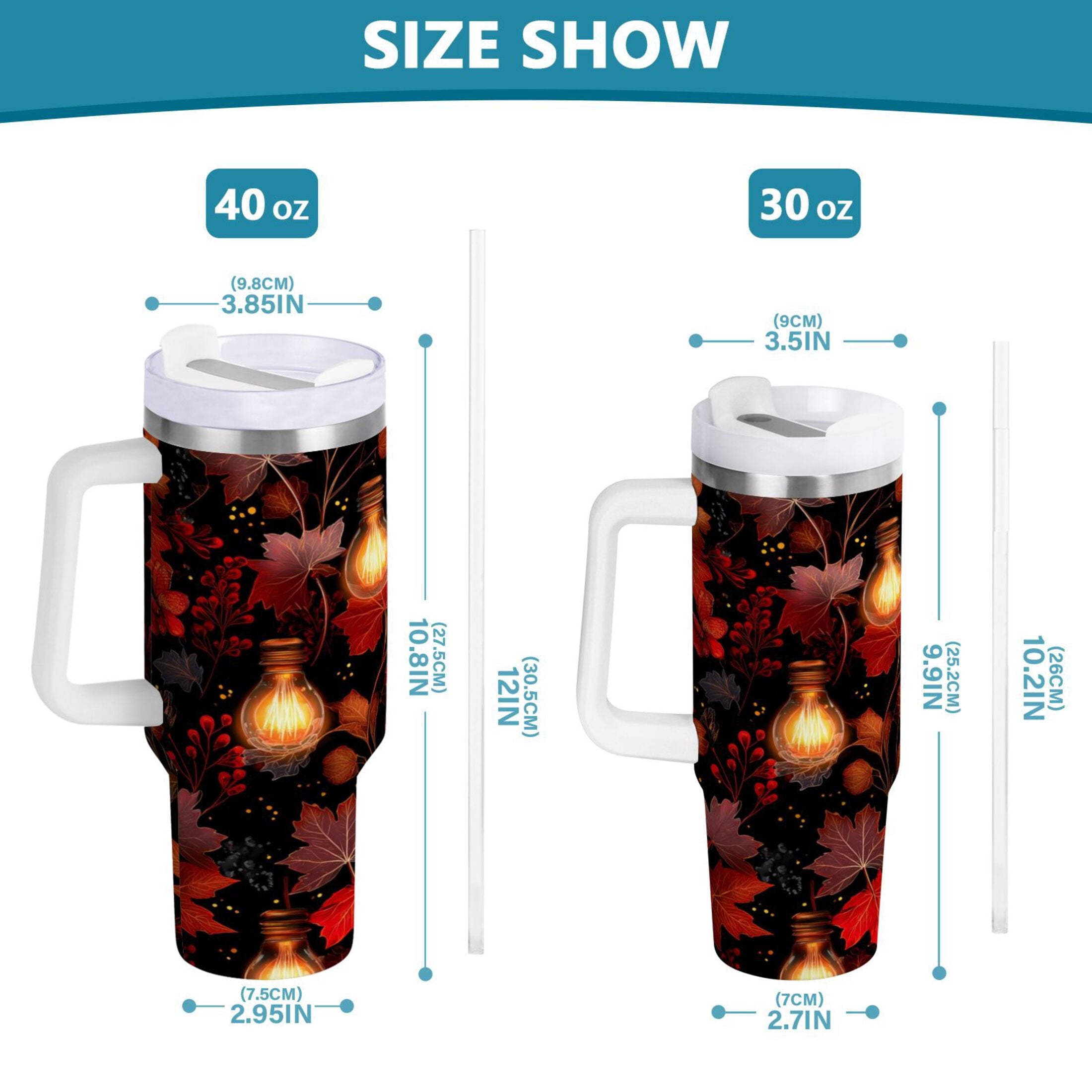40 oz Insulated Stainless Steel Tumbler Double Wall Stainless Steel Tumbler with 2-Way Drinking Light Bulbs and Maple Leaves - E3V2