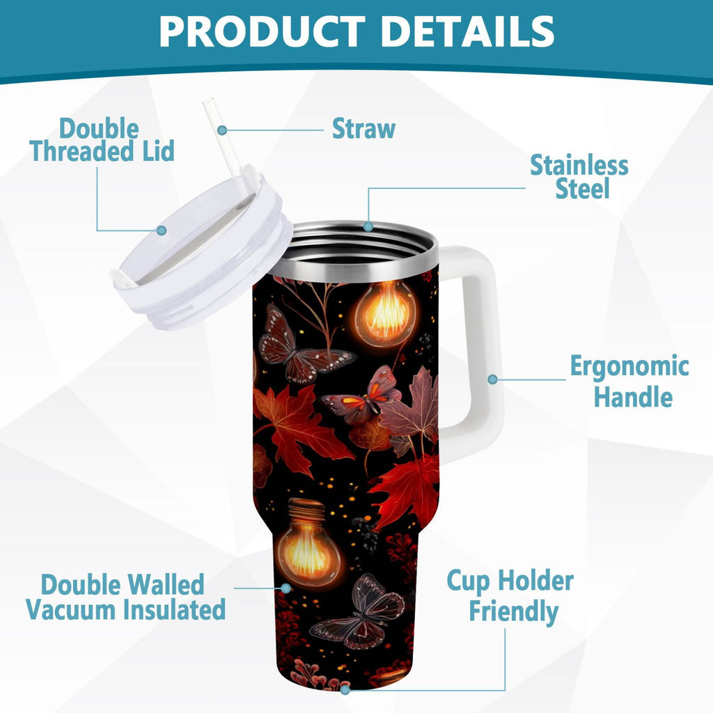 40 oz Insulated Stainless Steel Tumbler Double Wall Stainless Steel Tumbler with 2-Way Drinking Light Bulbs and Maple Leaves - E3V2