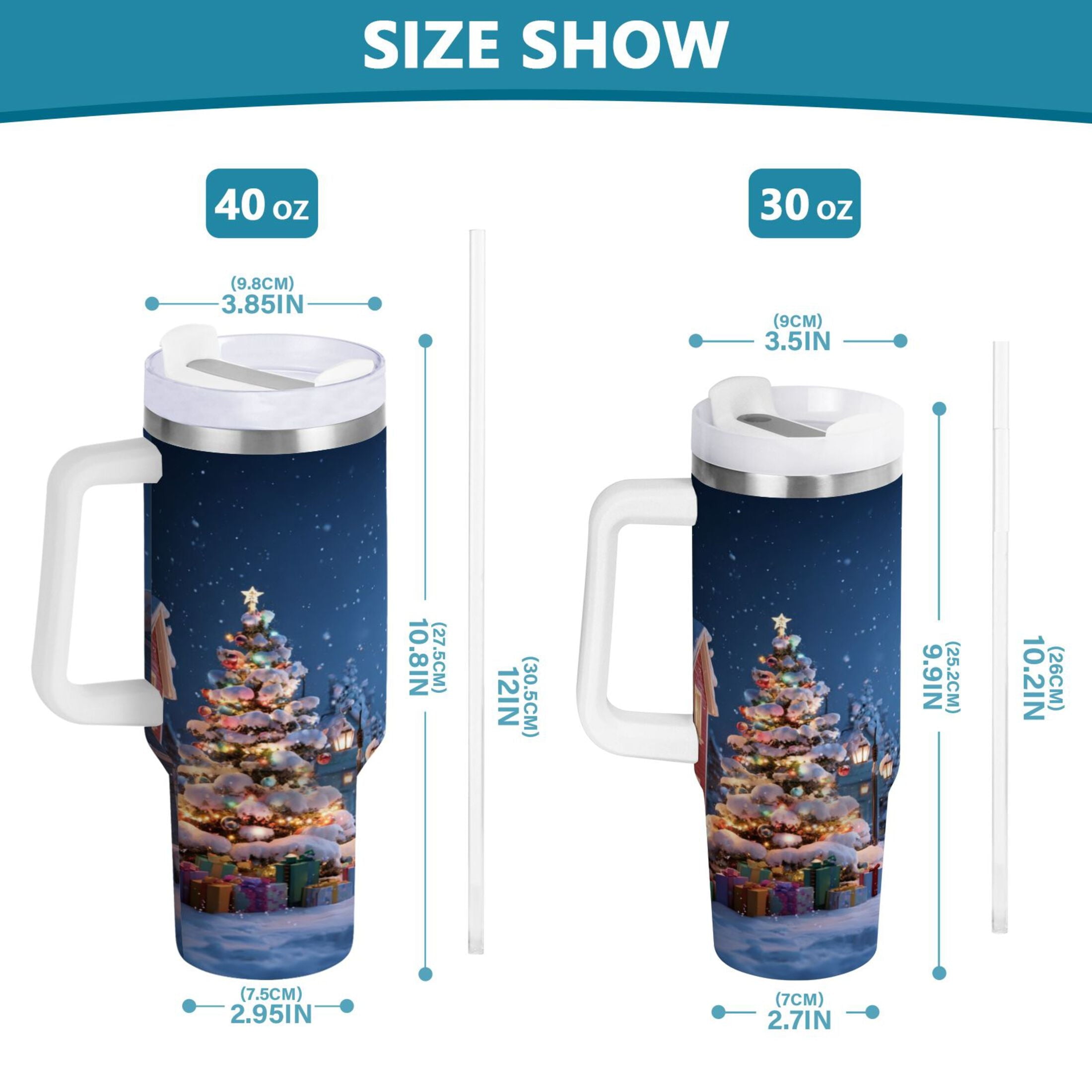 30 oz Insulated Stainless Steel Tumbler Double Wall Stainless Steel Tumbler with 2-Way Drinking Christmas Night Scene - HS7Q