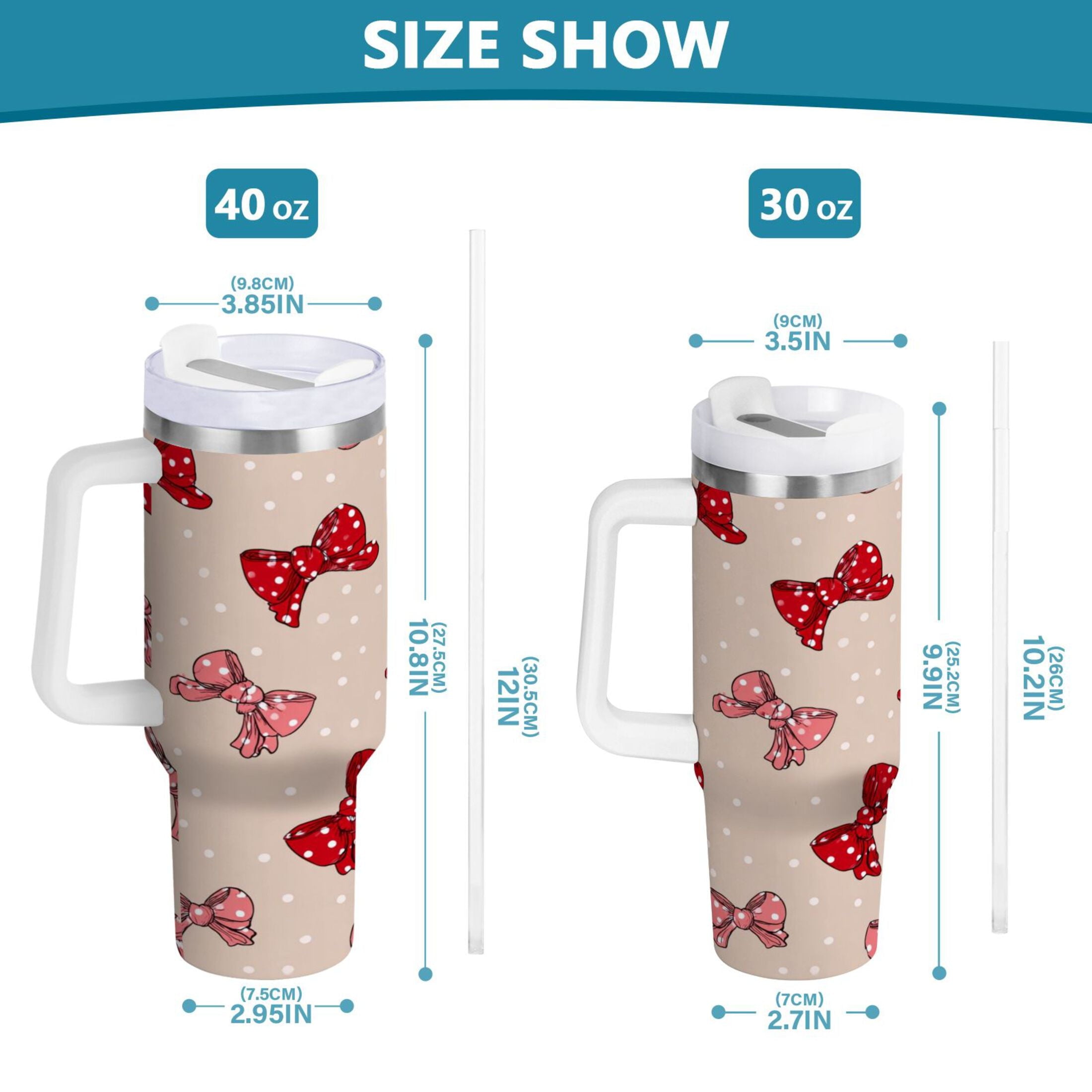 30 oz Insulated Stainless Steel Tumbler Double Wall Stainless Steel Tumbler with 2-Way Drinking Cute Red Bows Pattern - ENJH