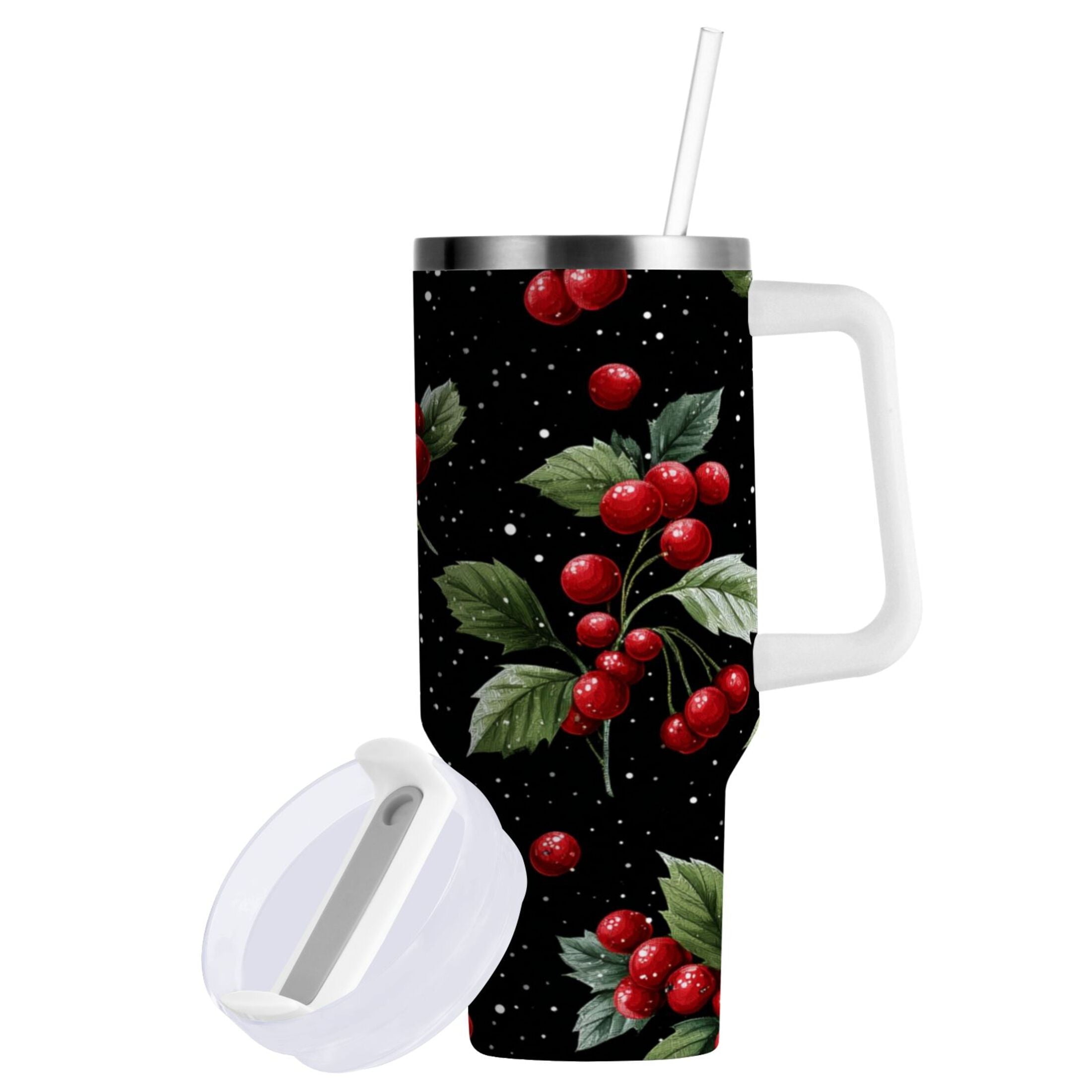40 oz Insulated Stainless Steel Tumbler Double Wall Stainless Steel Tumbler with 2-Way Drinking Red Holly Berries Pattern - HSVE