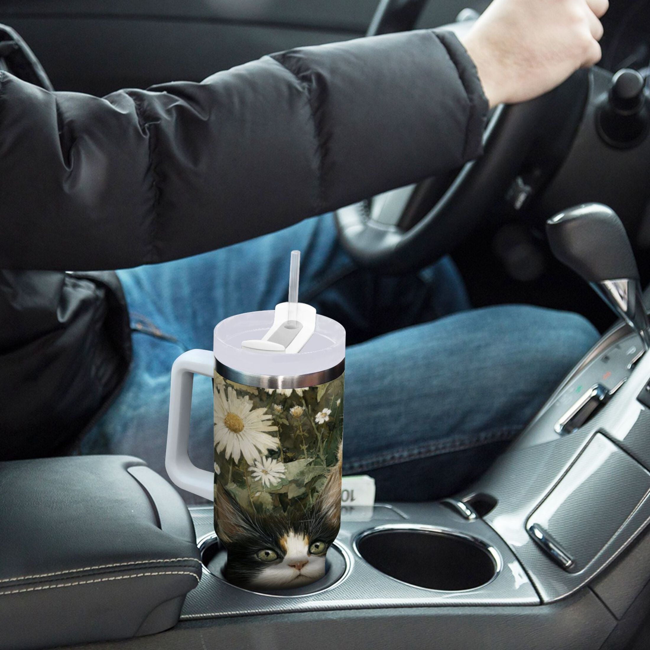30 oz Insulated Stainless Steel Tumbler Double Wall Stainless Steel Tumbler with 2-Way Drinking Adorable Cats and Daisies - XUTJ