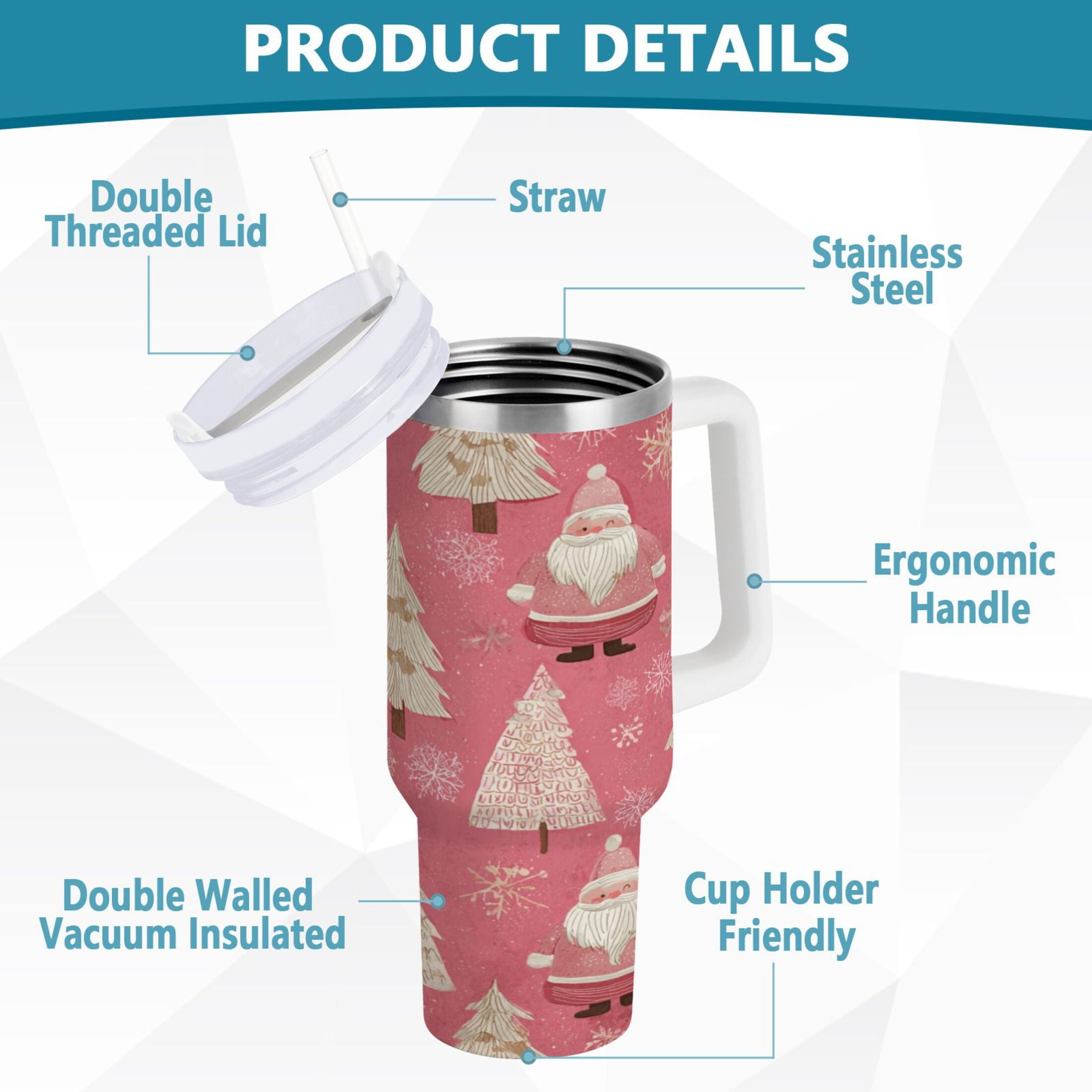 40 oz Insulated Stainless Steel Tumbler Double Wall Stainless Steel Tumbler with 2-Way Drinking Pink Santa Claus Pattern - XK26