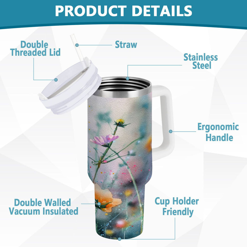 40 oz Insulated Stainless Steel Tumbler Double Wall Stainless Steel Tumbler with 2-Way Drinking Abstract Wildflowers - XZH3