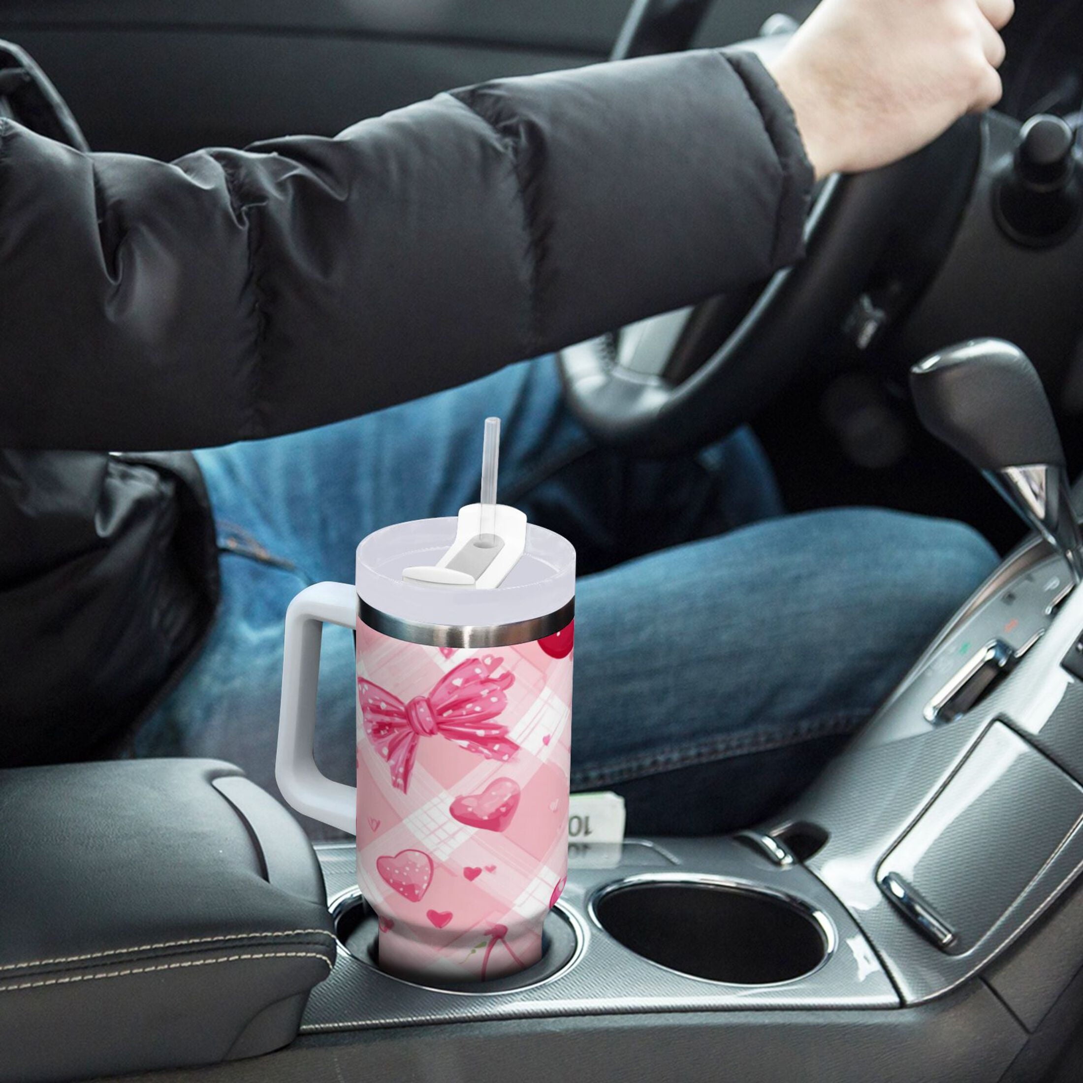 30 oz Insulated Stainless Steel Tumbler Double Wall Stainless Steel Tumbler with 2-Way Drinking Cherry and Pink Bow Pattern - MRZL