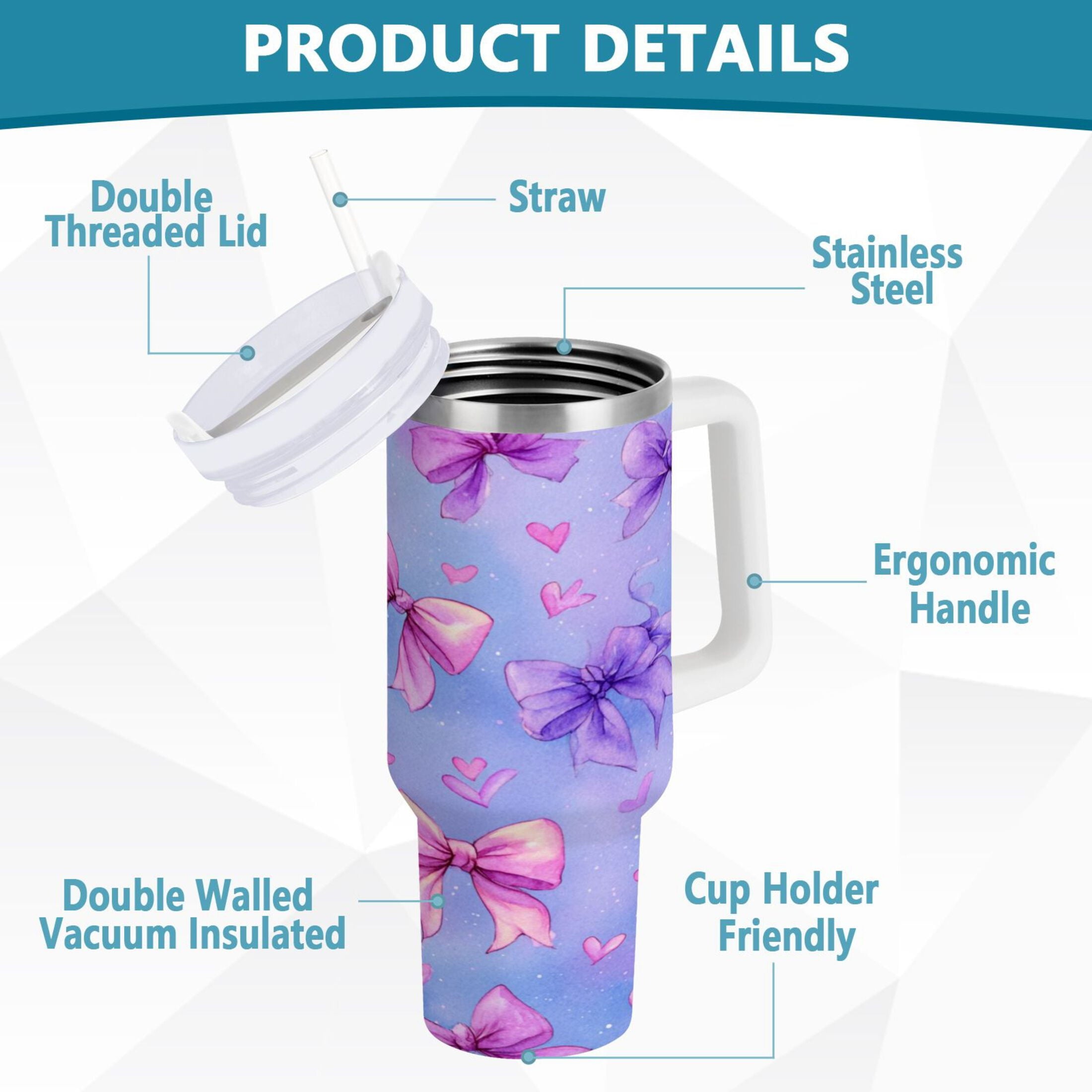 30 oz Insulated Stainless Steel Tumbler Double Wall Stainless Steel Tumbler with 2-Way Drinking Watercolor Bows Pattern - YXPV