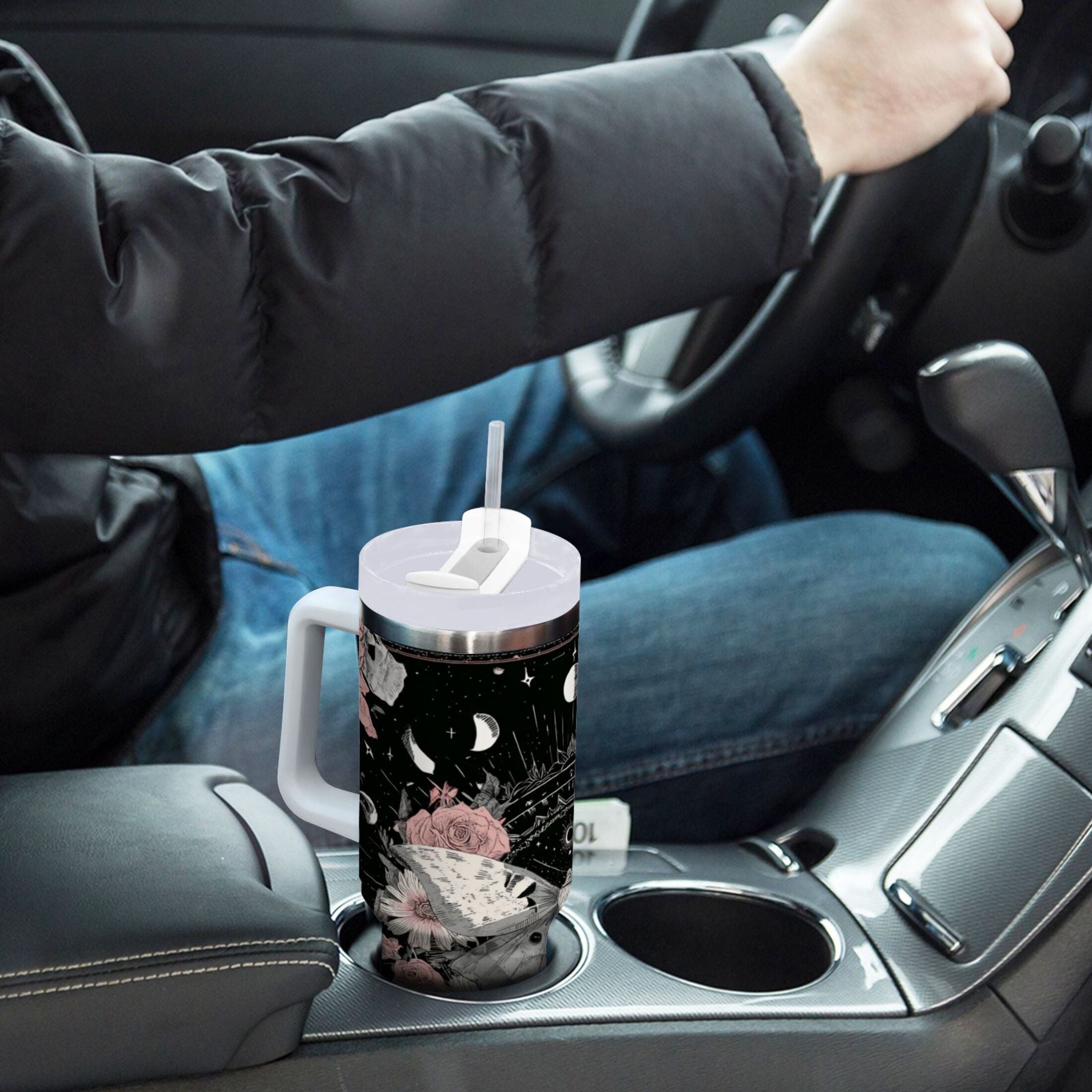 40 oz Insulated Stainless Steel Tumbler Double Wall Stainless Steel Tumbler with 2-Way Drinking Butterfly Surrounded by Flowers - 5VJE