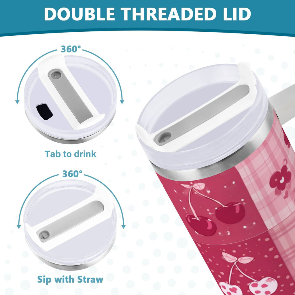 30 oz Insulated Stainless Steel Tumbler Double Wall Stainless Steel Tumbler with 2-Way Drinking Cherry Pattern with Bows - X9YM