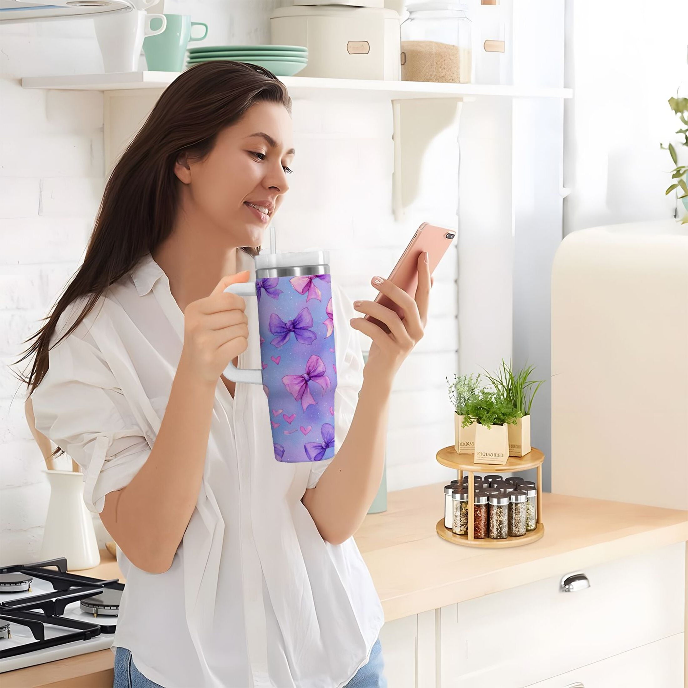 30 oz Insulated Stainless Steel Tumbler Double Wall Stainless Steel Tumbler with 2-Way Drinking Watercolor Bows Pattern - YXPV
