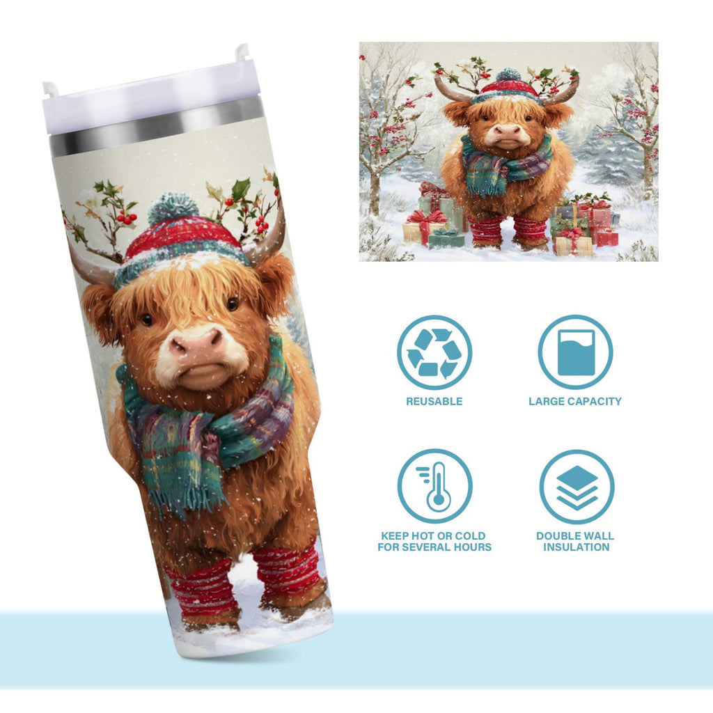 30 oz Insulated Stainless Steel Tumbler Double Wall Stainless Steel Tumbler with 2-Way Drinking Cow Wearing Christmas Hat - BCCC