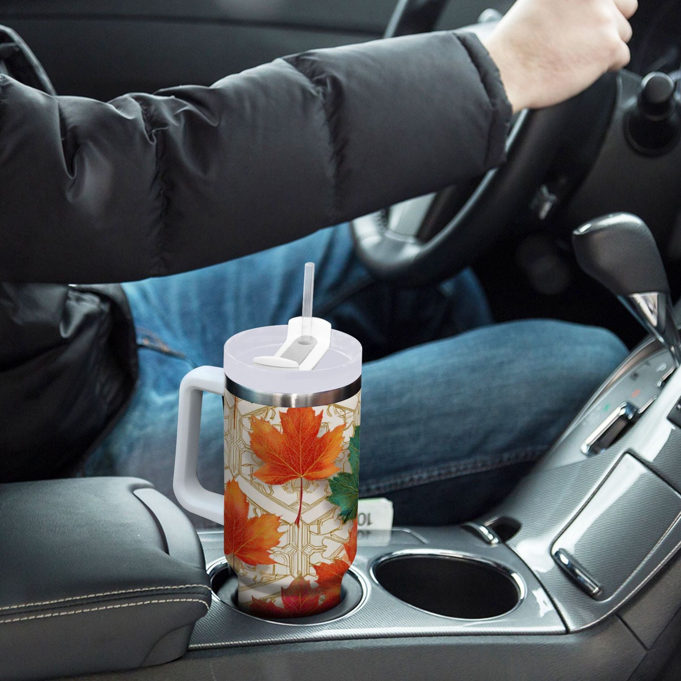 30 oz Insulated Stainless Steel Tumbler Double Wall Stainless Steel Tumbler with 2-Way Drinking Green and Red Maple Leaves - 6B8Z