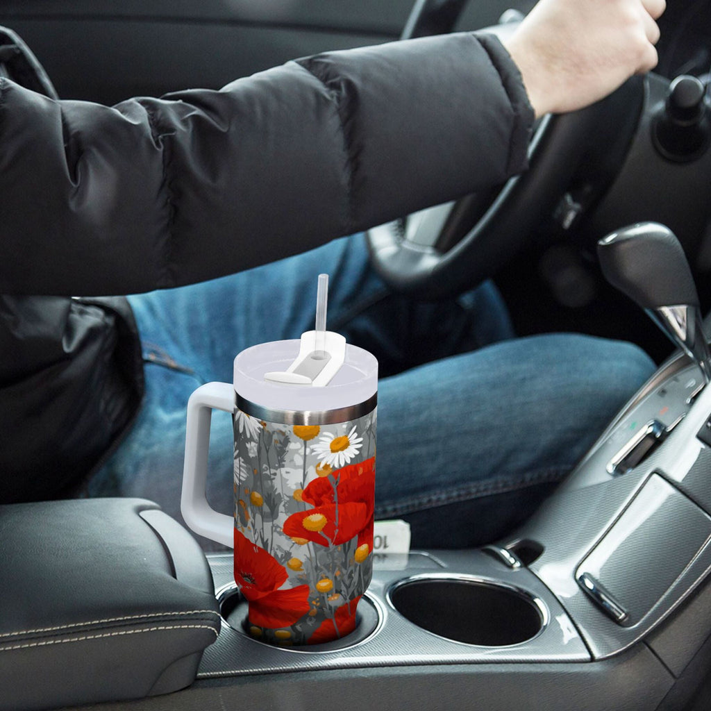 40 oz Insulated Stainless Steel Tumbler Double Wall Stainless Steel Tumbler with 2-Way Drinking Red Flowers and Daisies - JF3D