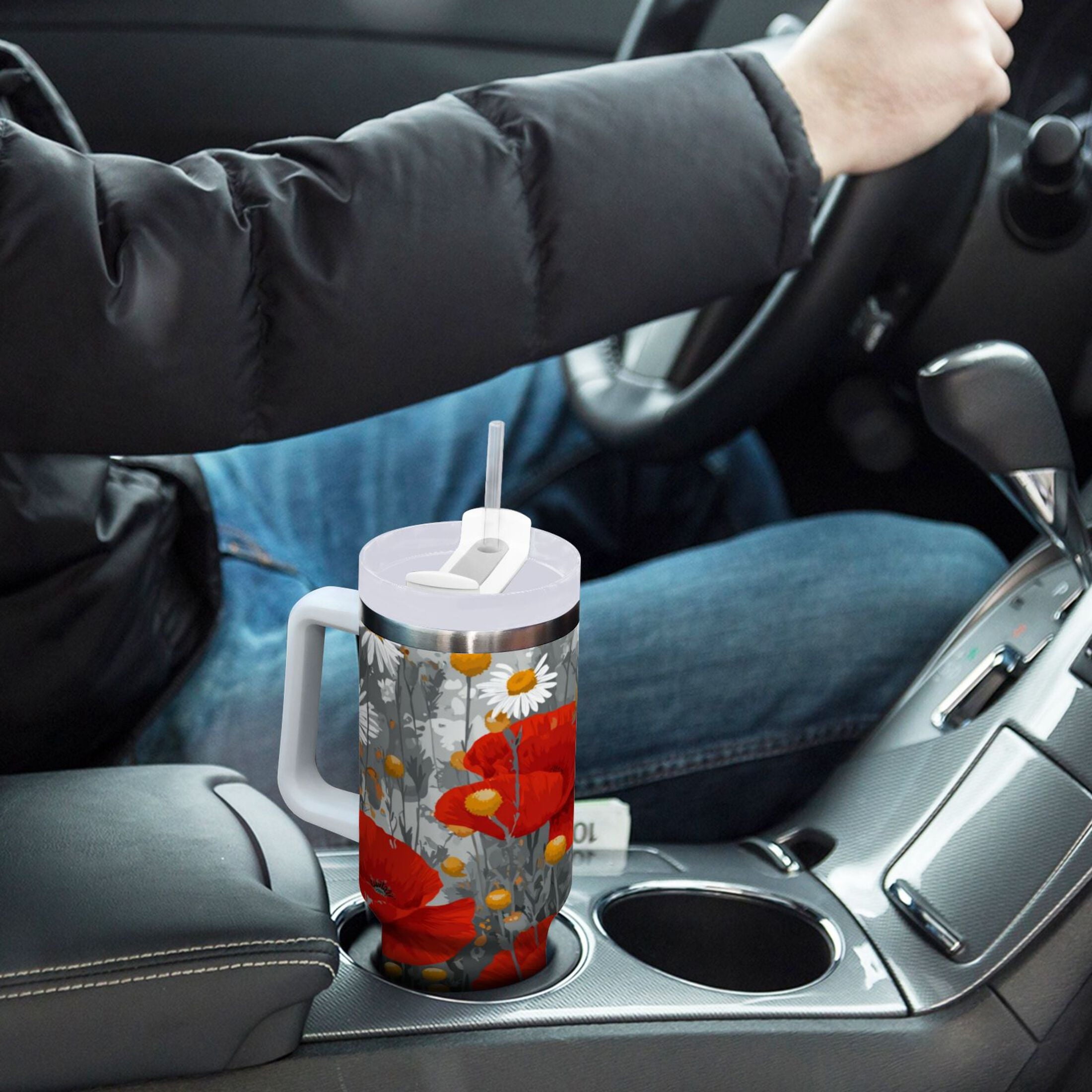 40 oz Insulated Stainless Steel Tumbler Double Wall Stainless Steel Tumbler with 2-Way Drinking Red Flowers and Daisies - JF3D